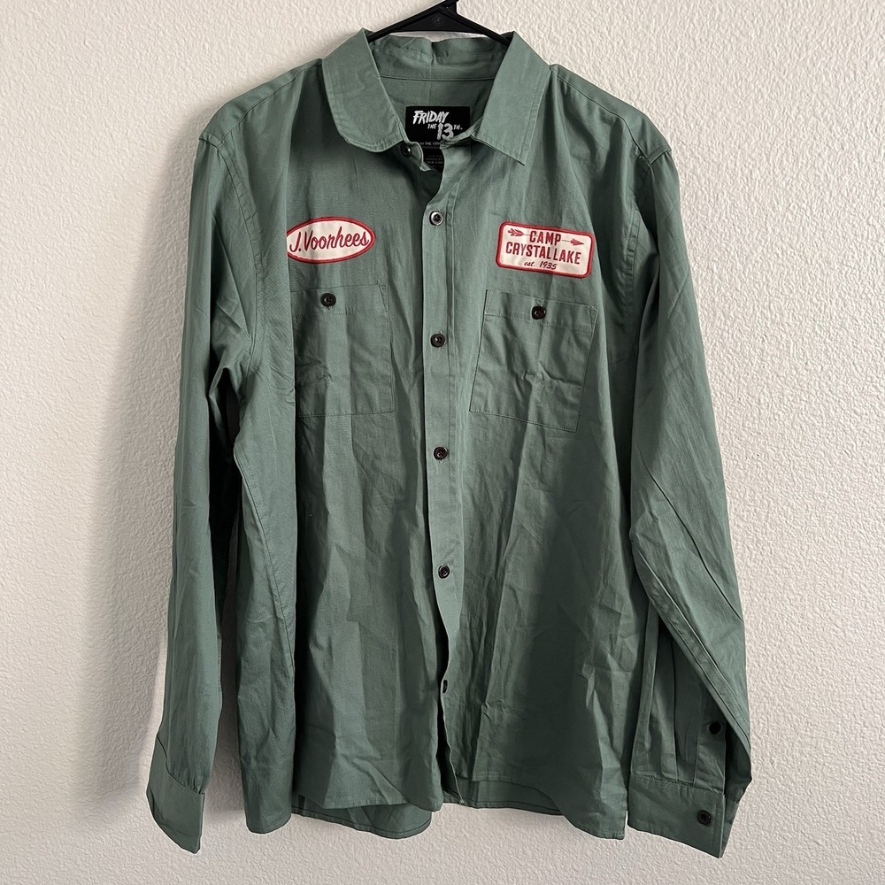 Friday the 13th Shirt Green Camp Crystal Lake Jason Voorhees Button Front XL